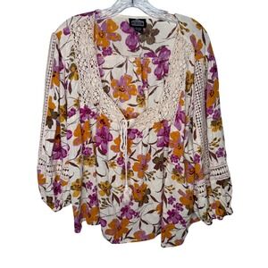 ANGIE Boho Floral Print  Top Blouse 1X Cream Purple Orange Lace Trim